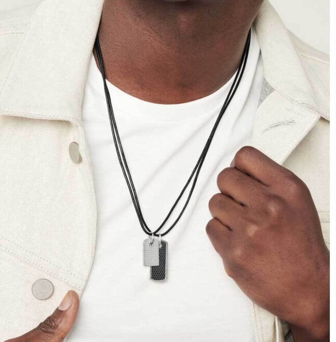 Movado micro tag necklaces on model