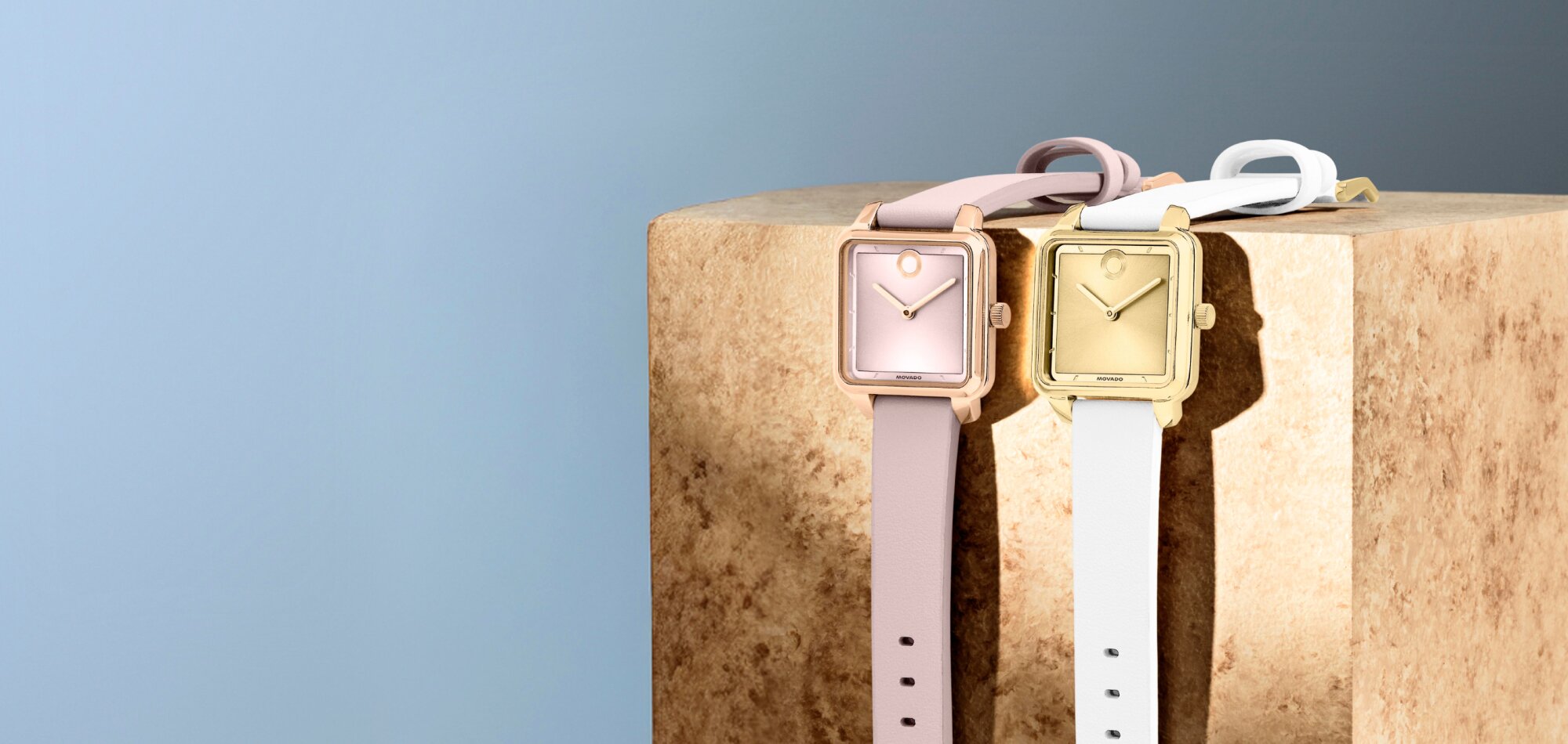 Movado Trend shaped dials in pink and white strap