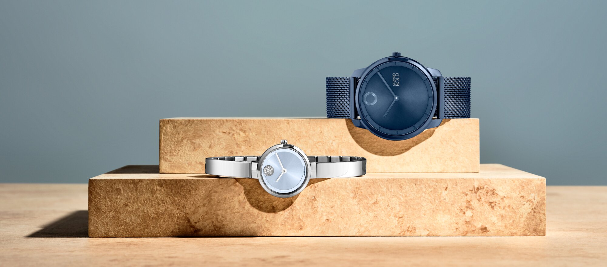 Movado Trend blue mesh bracelet and stainless steel bangle with blue dial