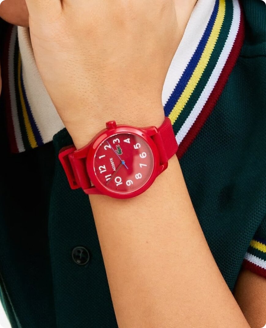 Lacoste 12.12 kids red silicone watch on model