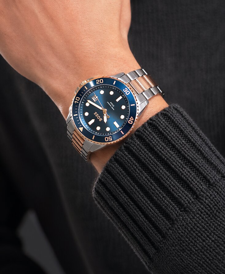 Boss Ace mens watch two tone bracelet on model
