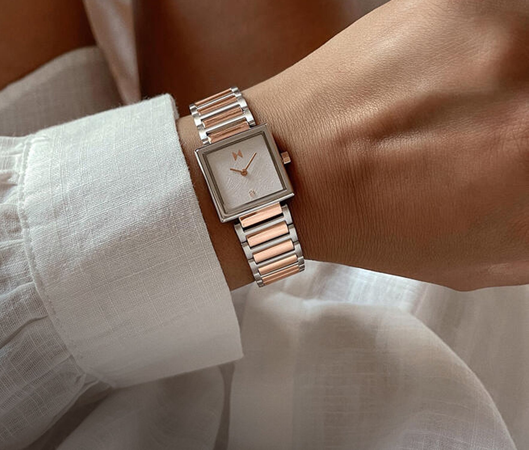 MVMT Frost women's square watch on model