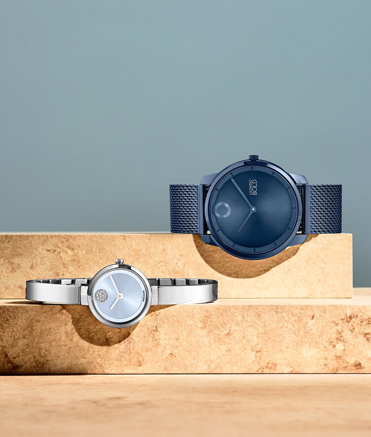 Movado Trend blue mesh bracelet and stainless steel bangle with blue dial