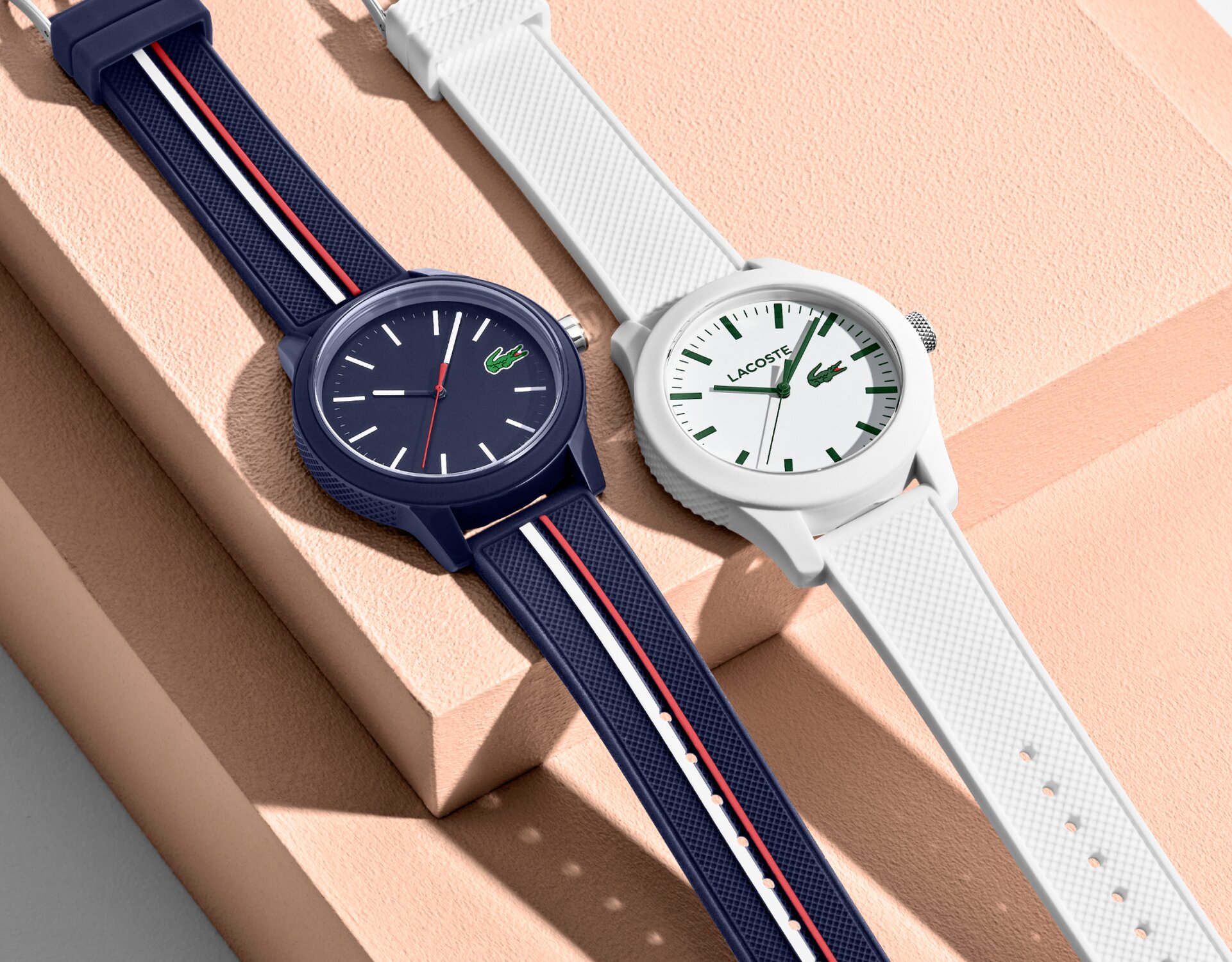 Lacoste 12.12 watches with in navy blue with stripe and white