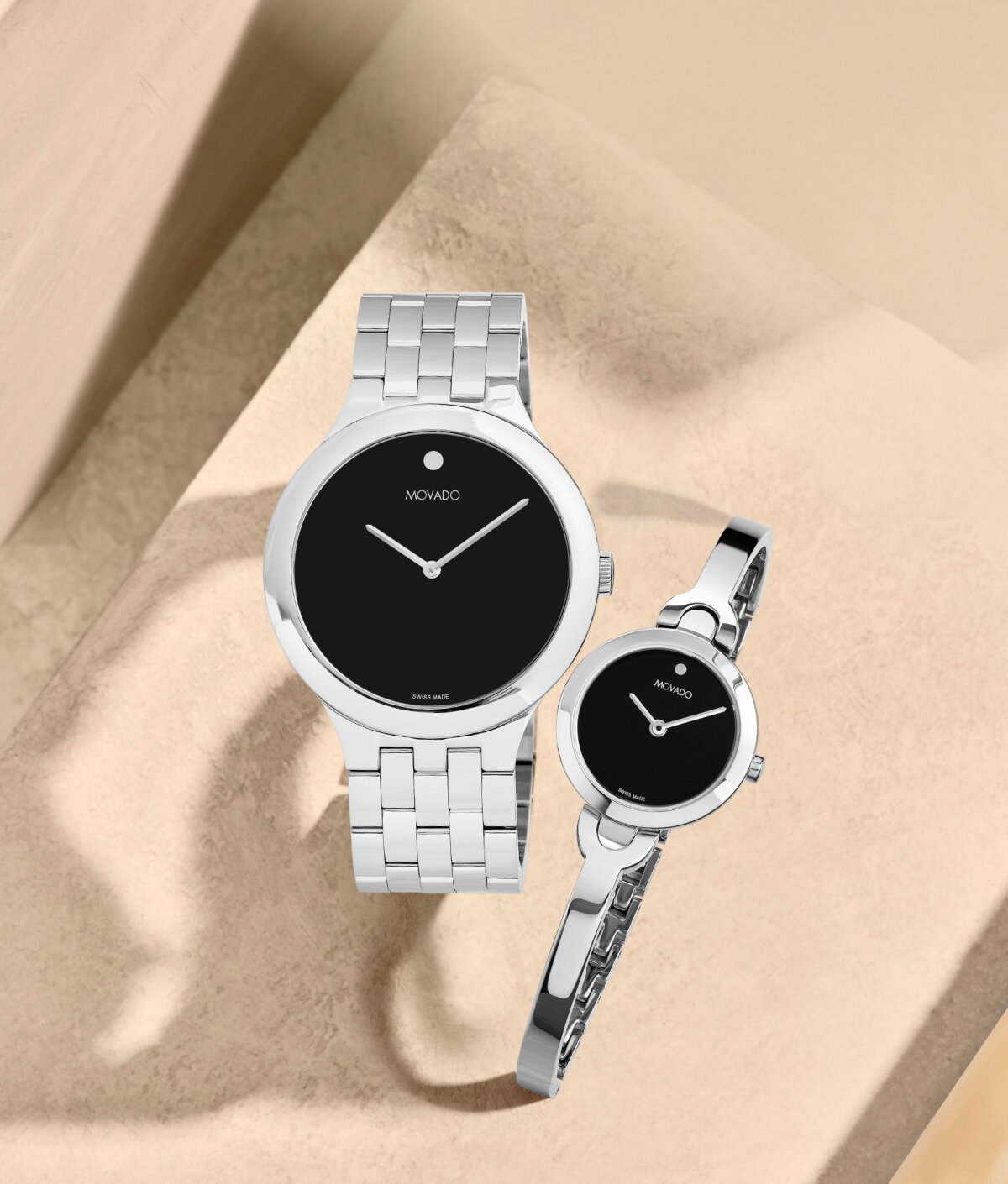 Movado Veturi and Movado Intrigue bangle with stainless steel bracelet and black dials