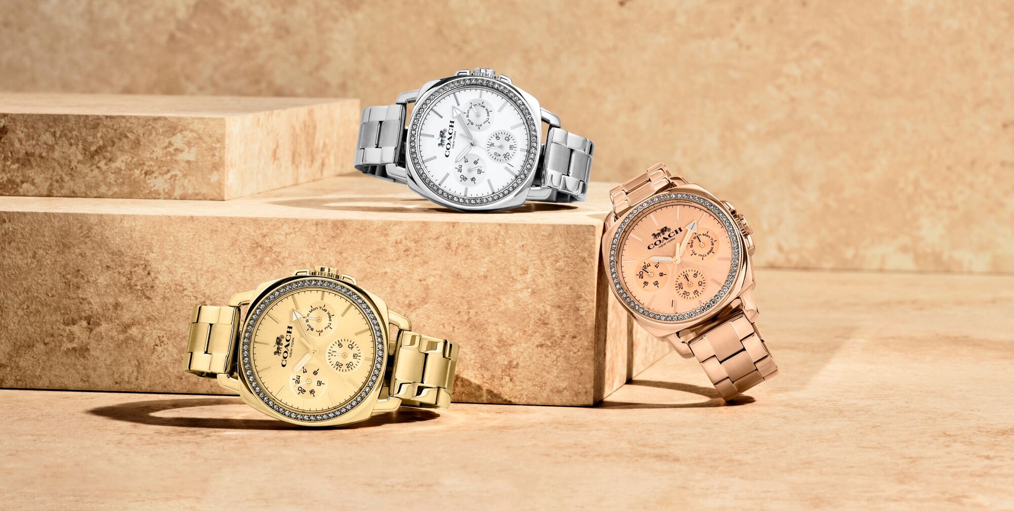 Coach Boyfriend 42mm multi function movement watches in stainless steel, gold ionic plated stainless steel and rose gold ionic plated stainless steel with crystals 