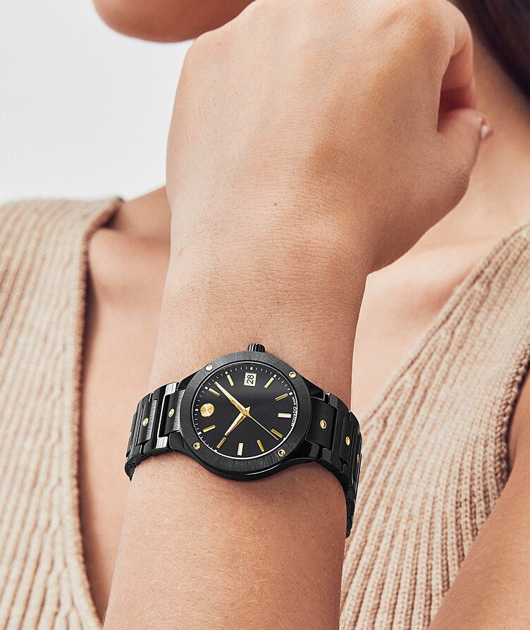 Movado Signature black ceramic watch with gold markers