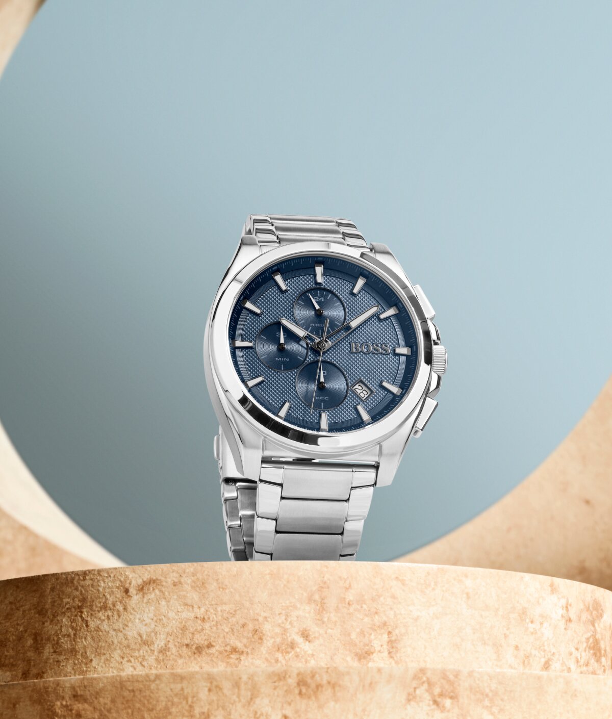 Boss Grandmaster chronograph men's watch with stainless steel bracelet and blue dial for a sporty look