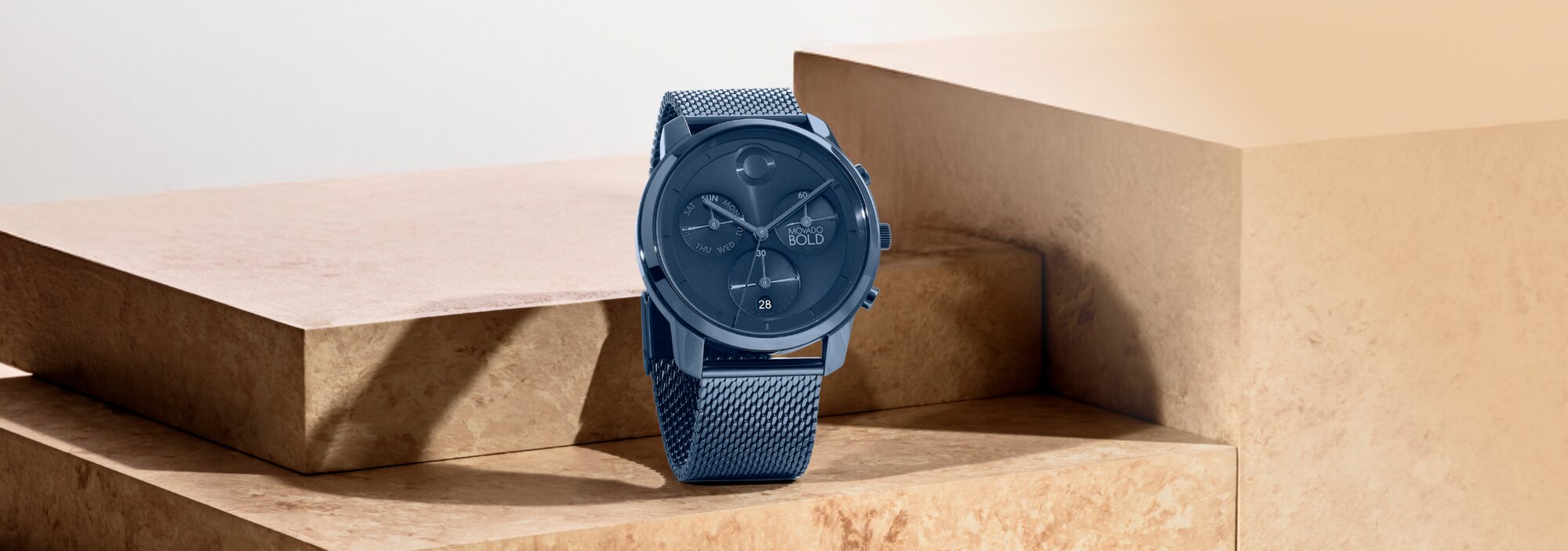 Movado Trend Element Chronograph watch with mesh bracelet in blue ionic plated stainless steel