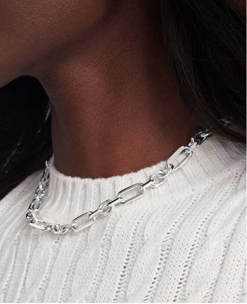 Movado Faceted Chain women's necklace in silver on model 
