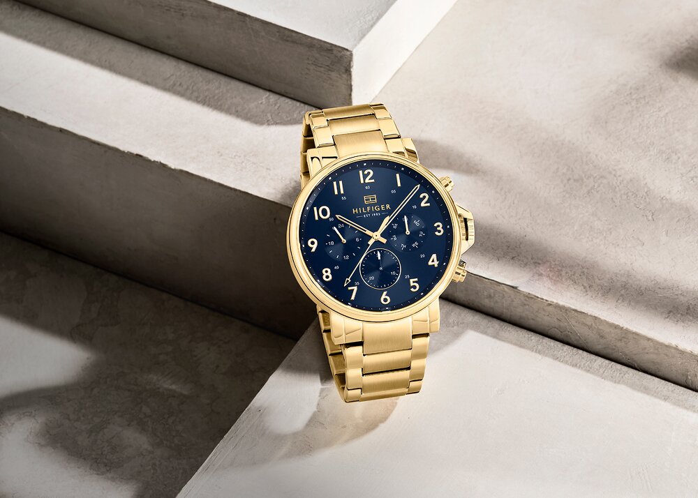 Tommy Hilfiger mens gold plated bracelet and blue dial