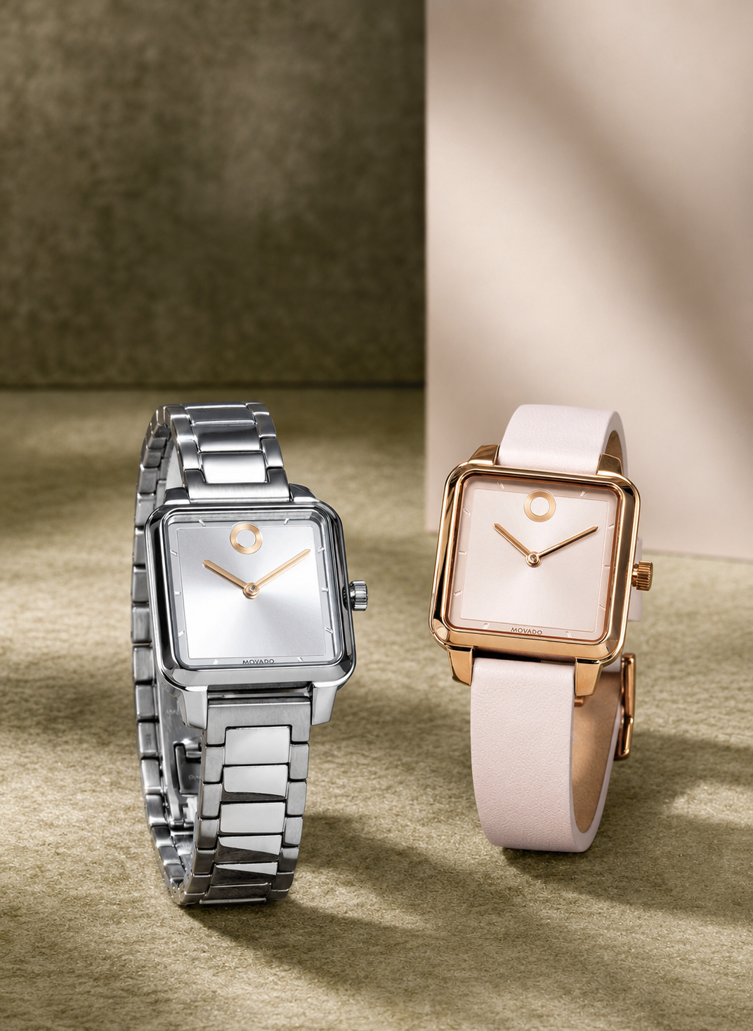 Movado Trend stainless steel bracelet and pink strap shaped dials