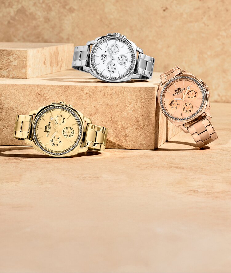 Coach Boyfriend 42mm multi function movement watches in stainless steel, gold ionic plated stainless steel and rose gold ionic plated stainless steel with crystals 
