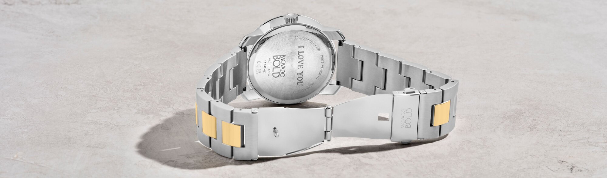 Picture of Movado trend watch with I love you message engraved on caseback