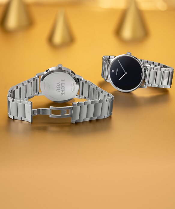 Movado Signature stainless steel bracelet with I love you engraved in case back 