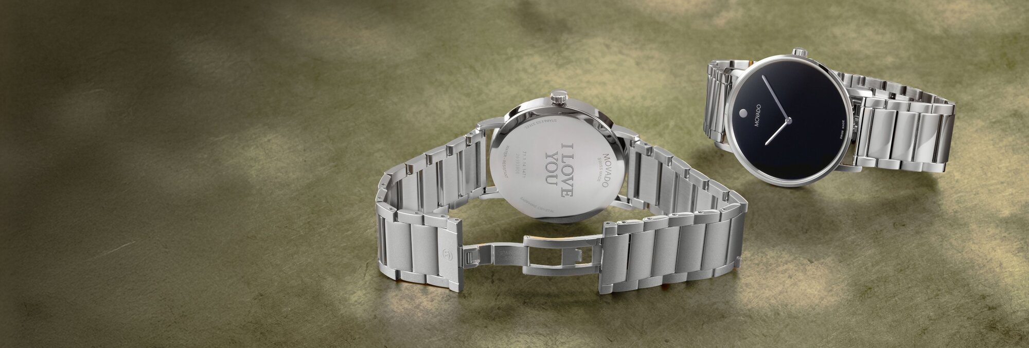 Movado Signature stainless steel bracelet with engraved case back