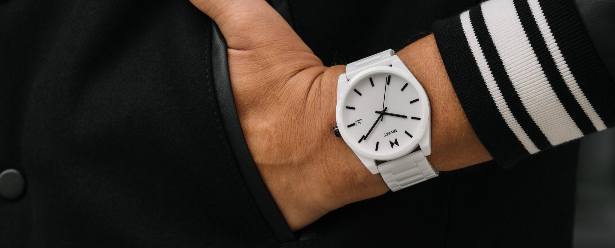 MVMT mens white Element ceramic watch on model