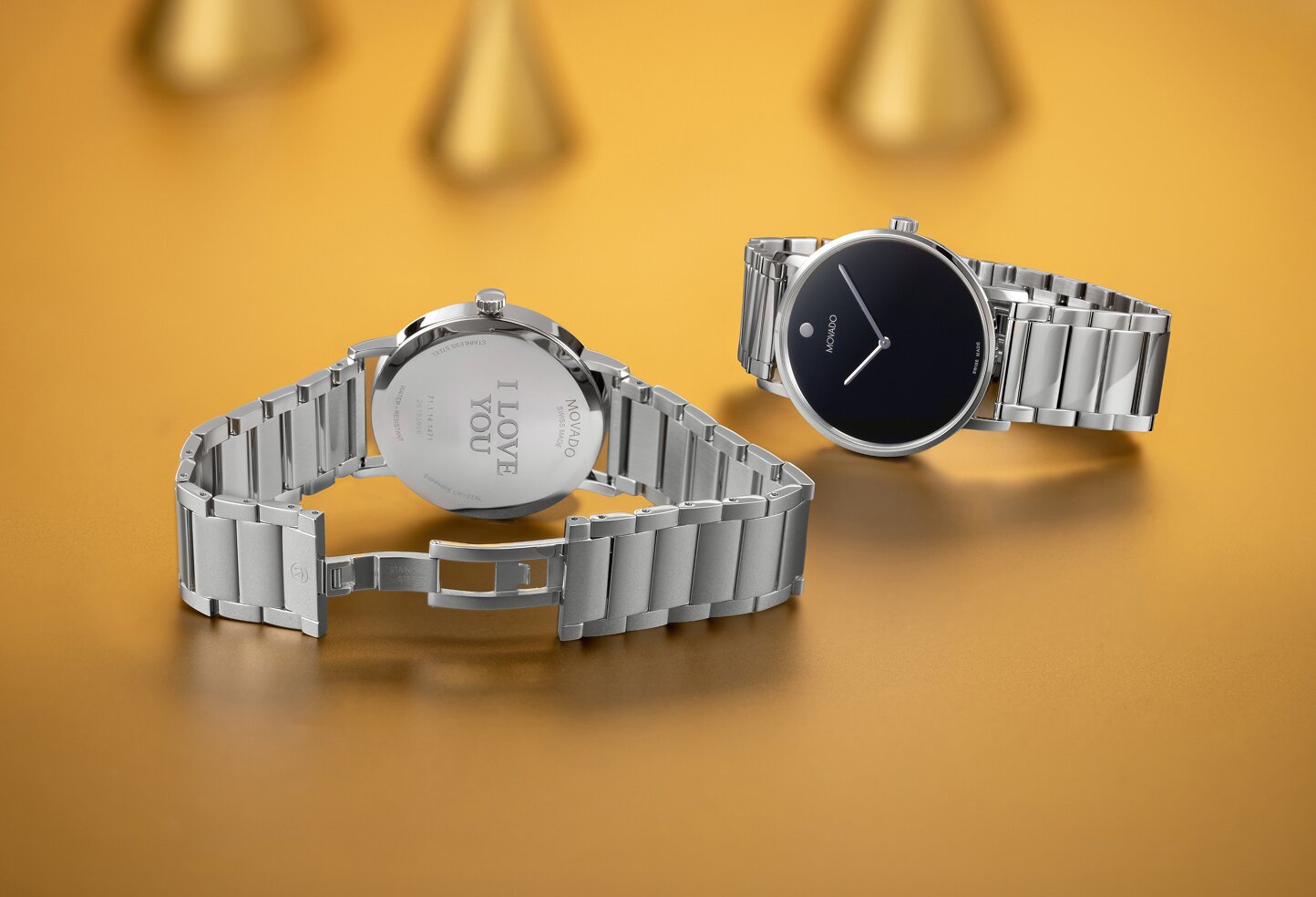 Movado Signature stainless steel bracelet with I love you engraved in case back 