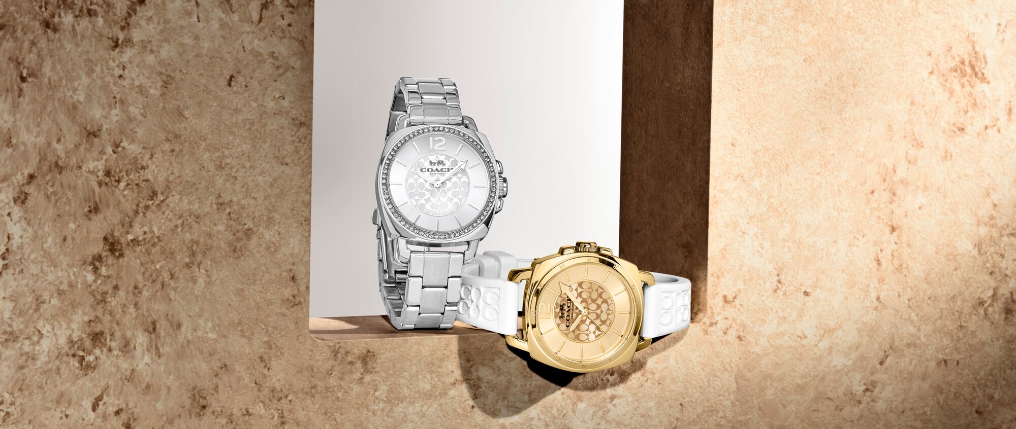 Coach Boyfriend stainless steel plated bracelet and Coach Boyfriend white silicone strap with gold plated dial