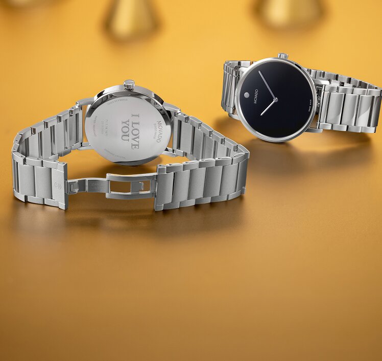 Movado Signature stainless steel bracelet with I love you engraved in case back 