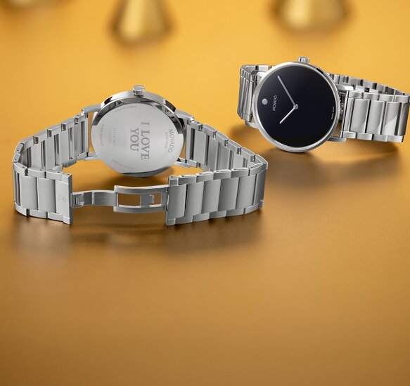 Movado Signature stainless steel bracelet with I love you engraved in case back 