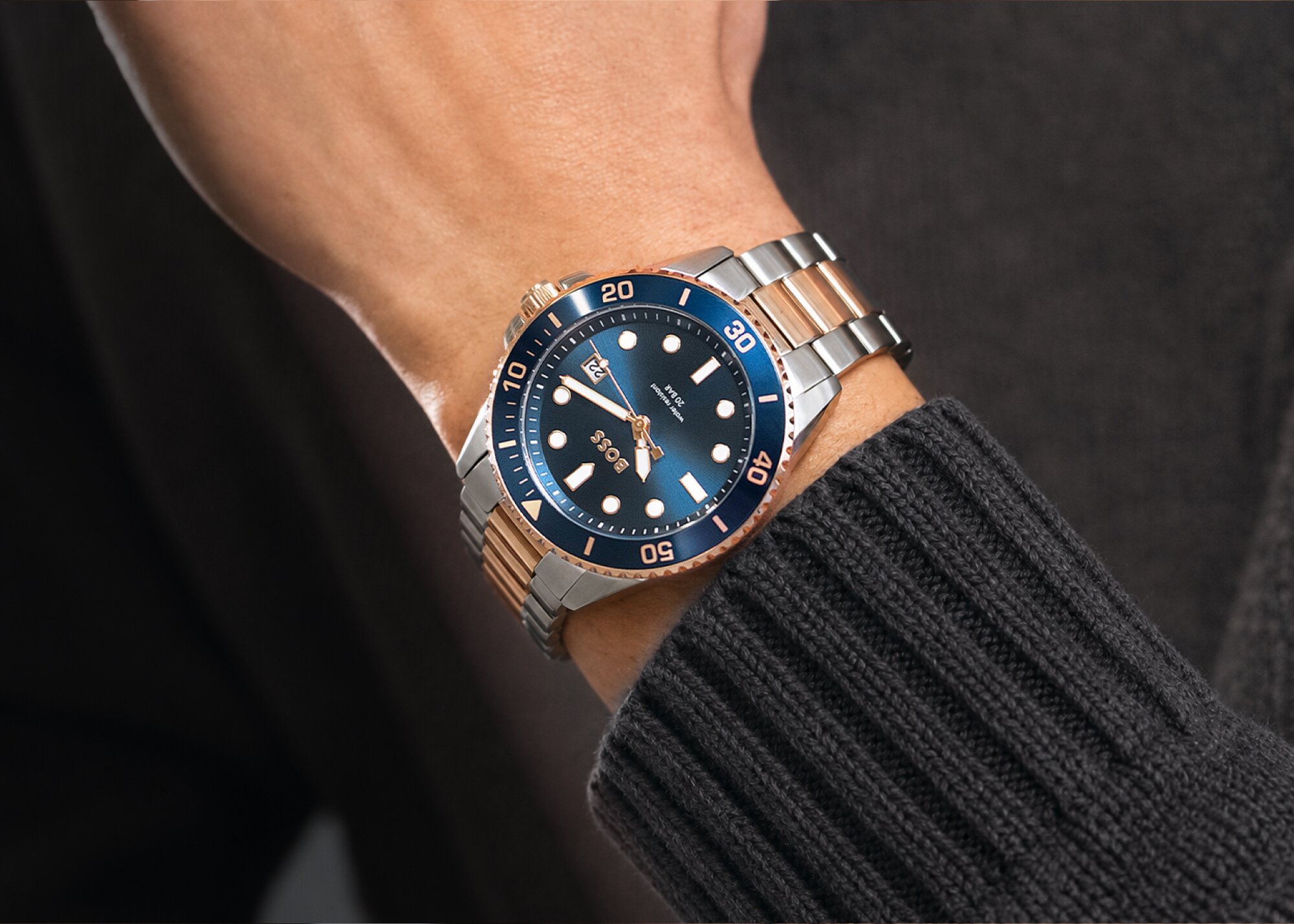 Boss Ace mens watch two tone bracelet on model
