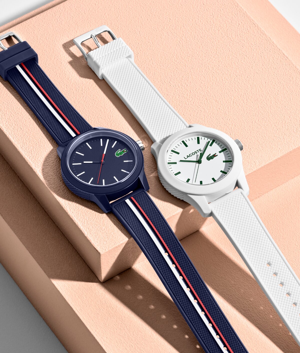 Lacoste 12.12 watches with in navy blue with stripe and white
