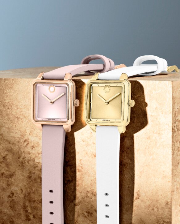 Movado Trend shaped dials in pink and white strap