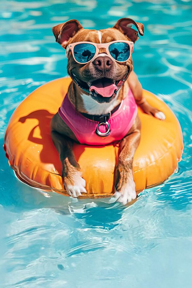 Happy dog in a swimming pool. FreeClinic