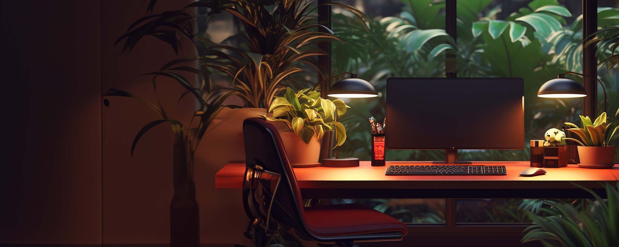 A desk with computer and lots of plants. Sustainability in health insurance.