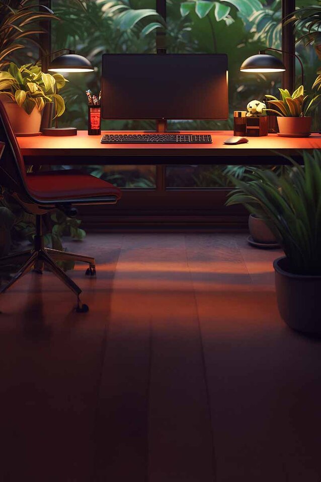 A desk with computer and lots of plants. Sustainability in health insurance.