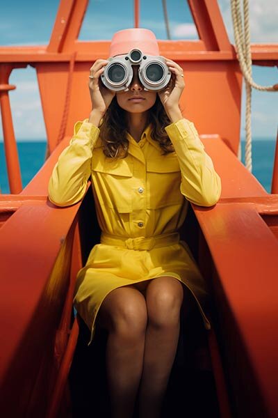 Level health - our vision. An elegant lady looking through binoculars.