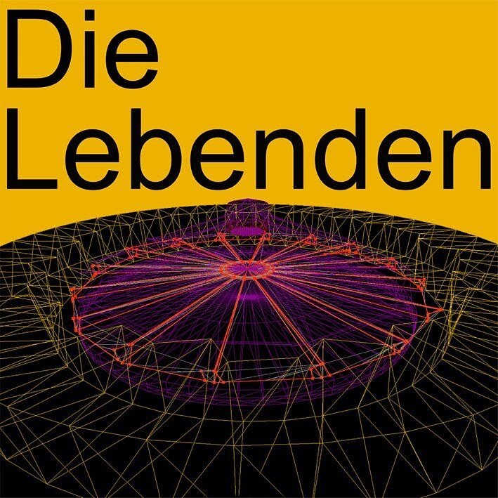 Wireframe design of a cathedral with the text 'Die Lebenden' on a yellow background.