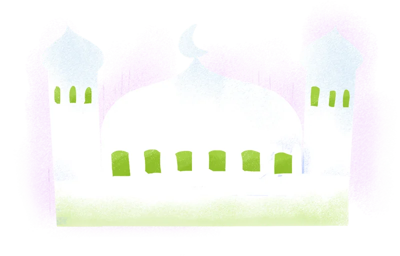 Illustration of a masjid with a crescent moon