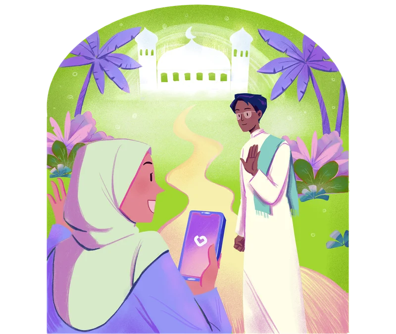 Two people greeting each other on a path to the masjid, one holding a phone