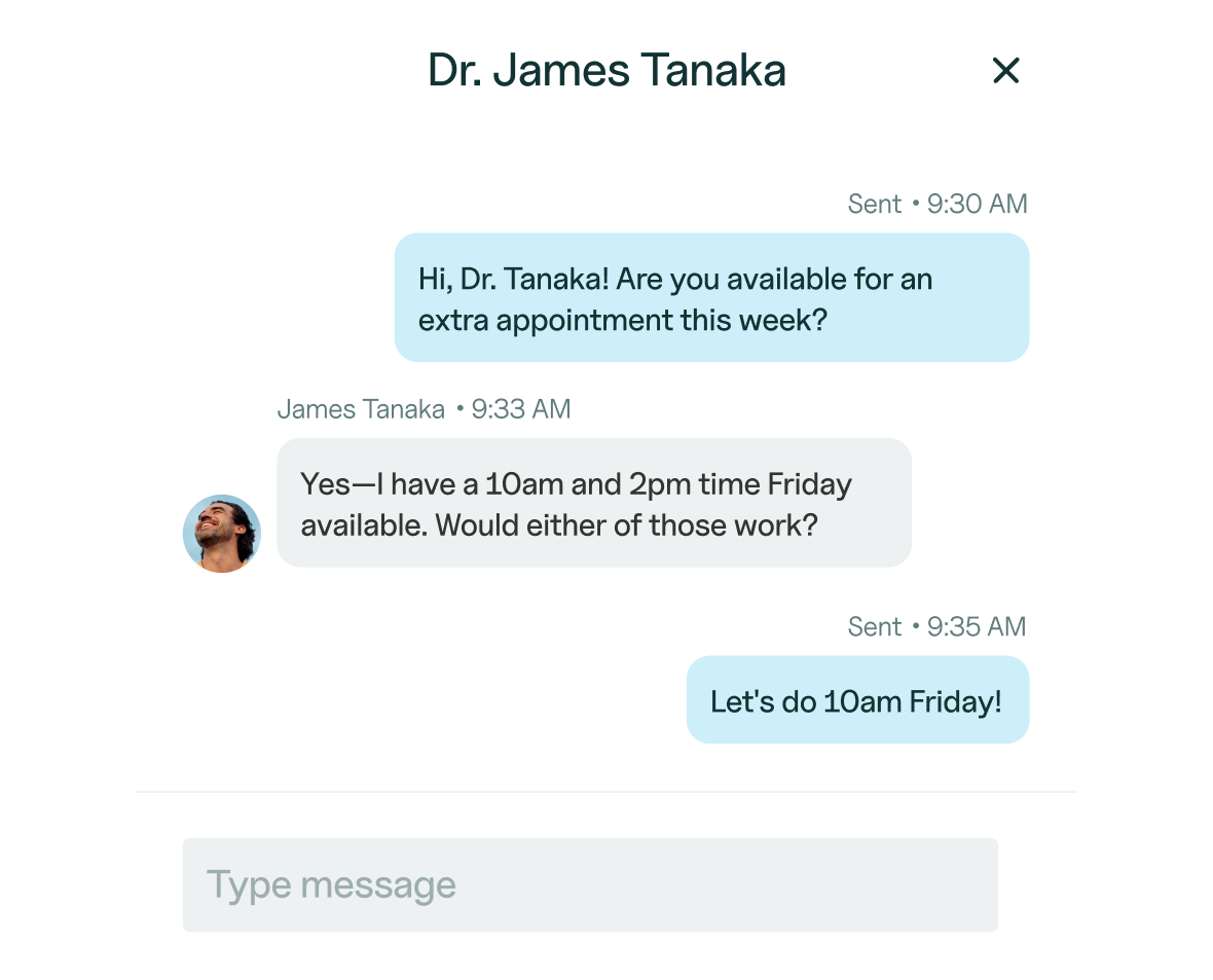 Text conversation in client portal about appointment scheduling