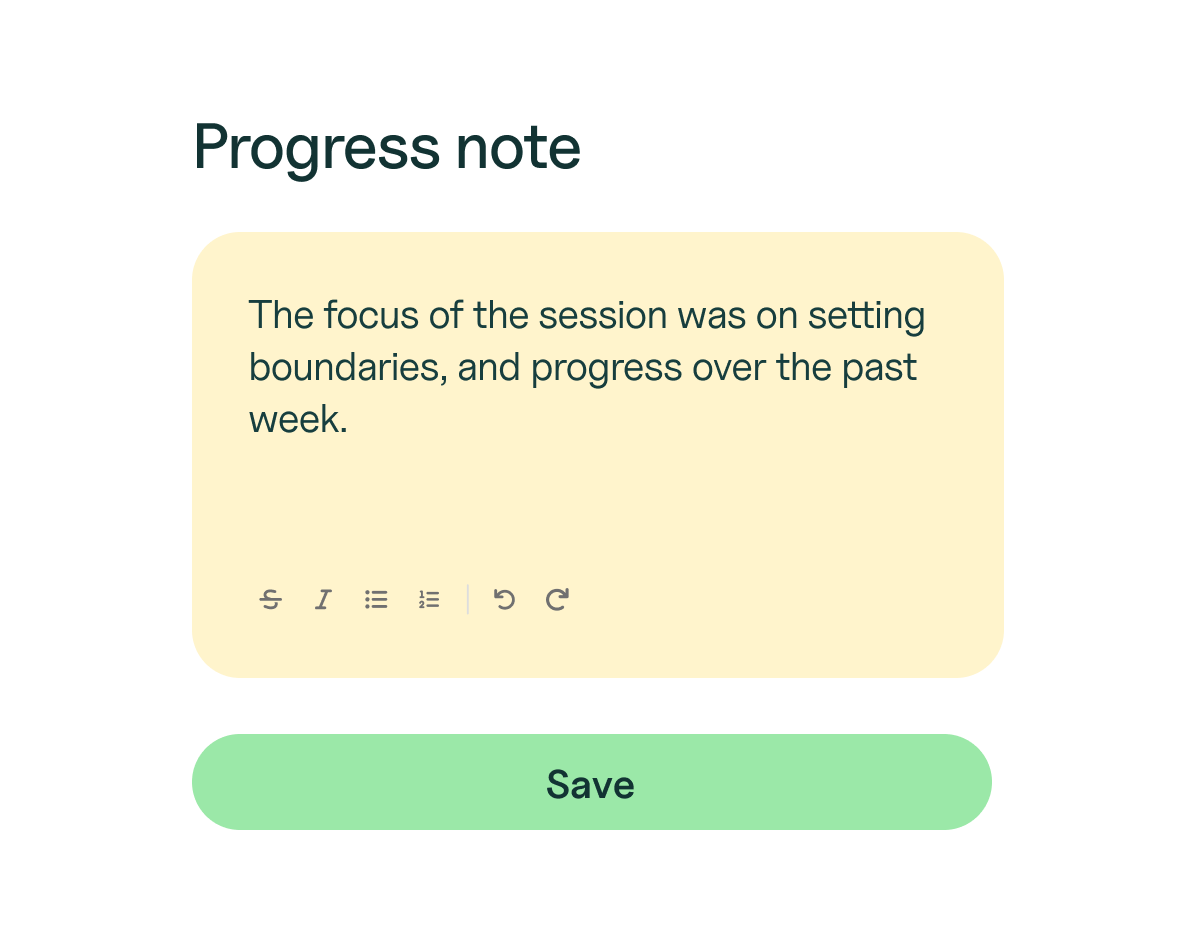 Progress note modal with session notes and a save button