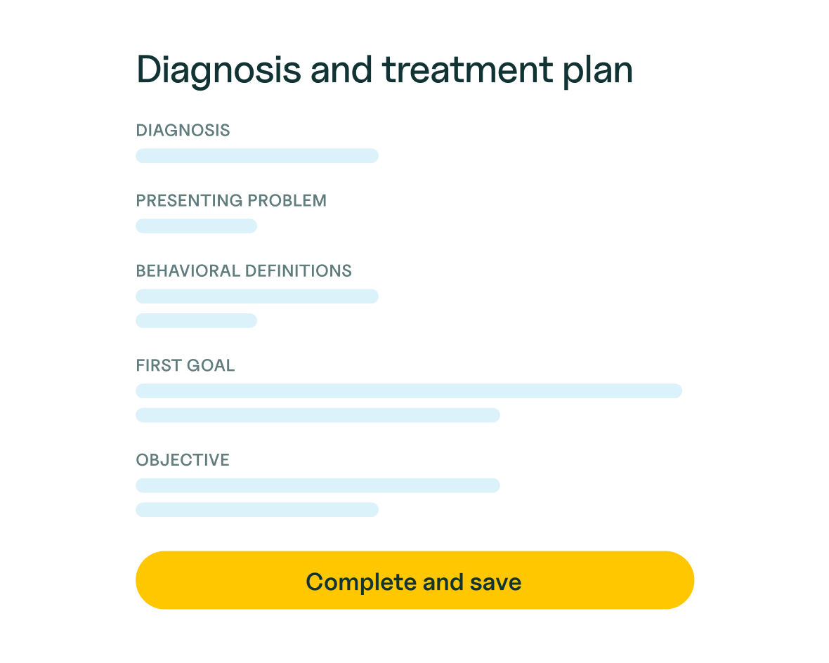 Treatment plan with sections, notes, and a save button