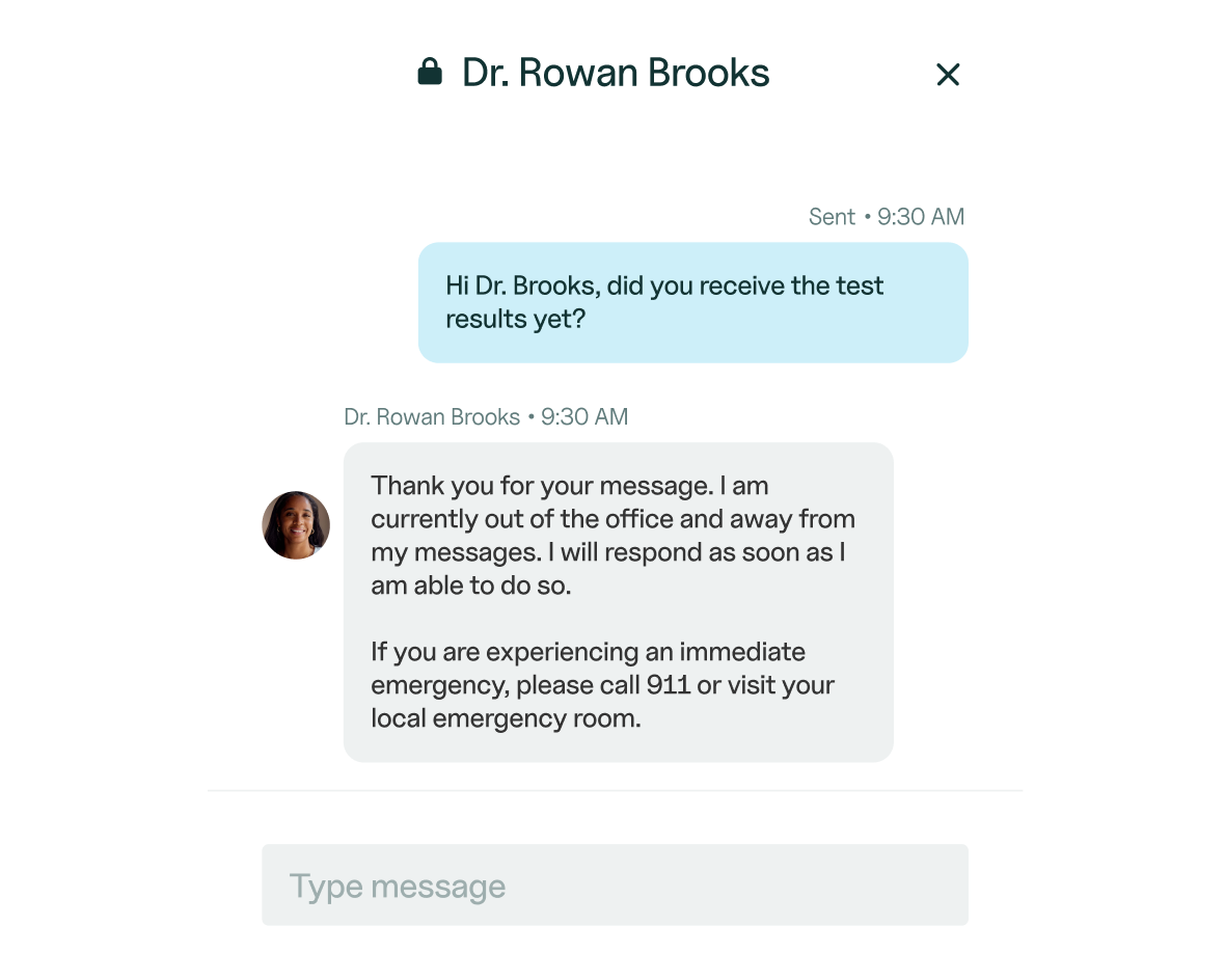 Messaging conversation between client and practitioner with out-of-office reply
