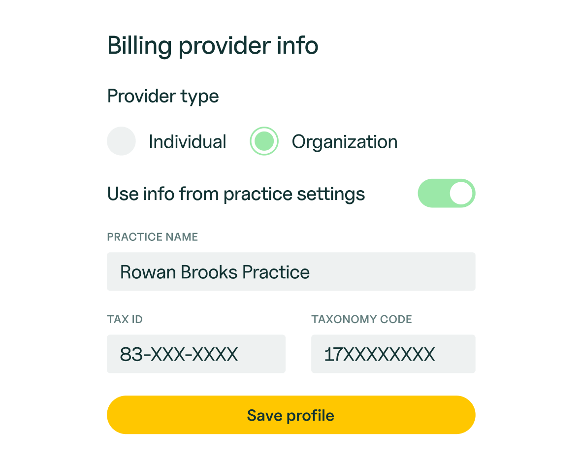 Billing provider info fields for practice profile