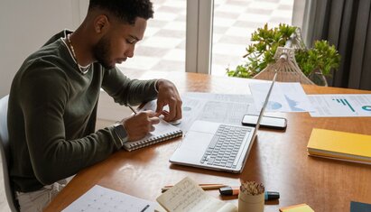 person writing a notebook at a desk, in front of an open laptop