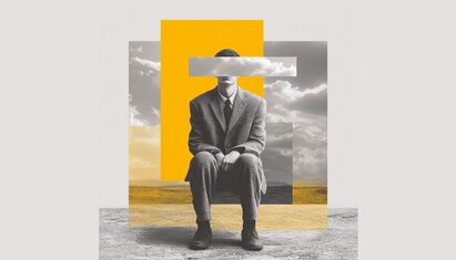 A collage illustration of a man wearing a suit sitting in the clouds to illustrate projective tests which have no identifiable, measurable answers like objective tests 