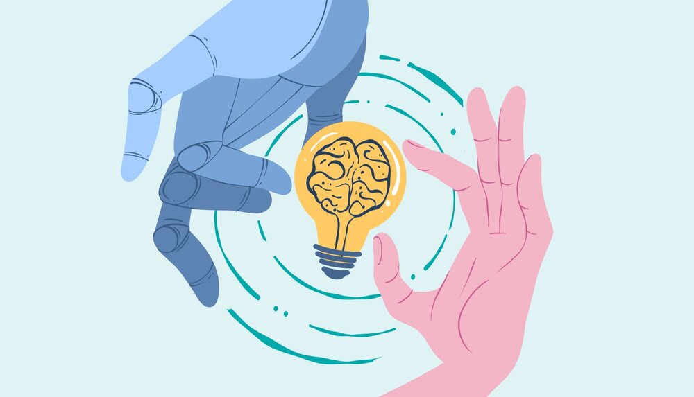 illustration depicting how to use AI to start a business with a human hand and robot hand around a lightbulb with a brain in it