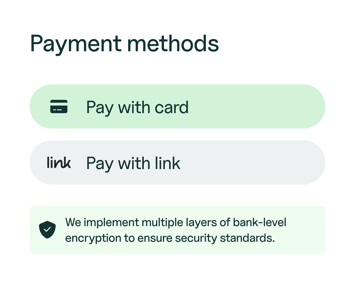 Payment methods screen with card and link pay options