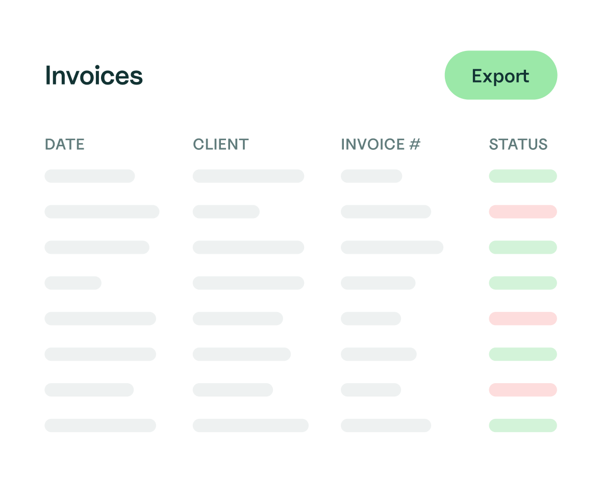 Invoices screen with date, client, invoice, and status details