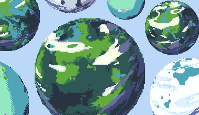 An illustration of planets in video game for blog about mental health