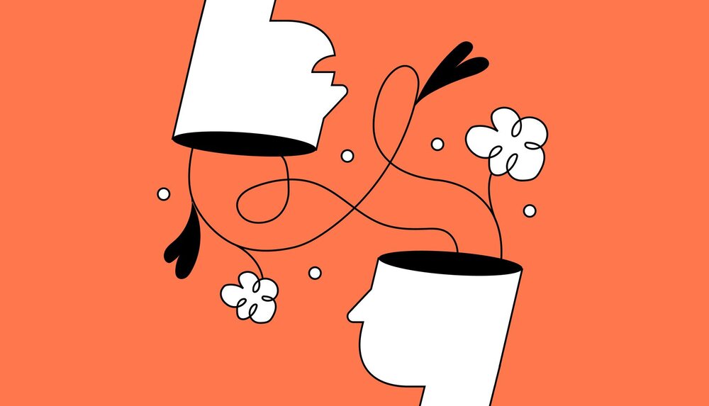 An illustration of heads opened up like vases to see flowers inside them