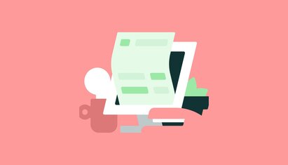 illustration of a computer, intake paperwork, and a mug