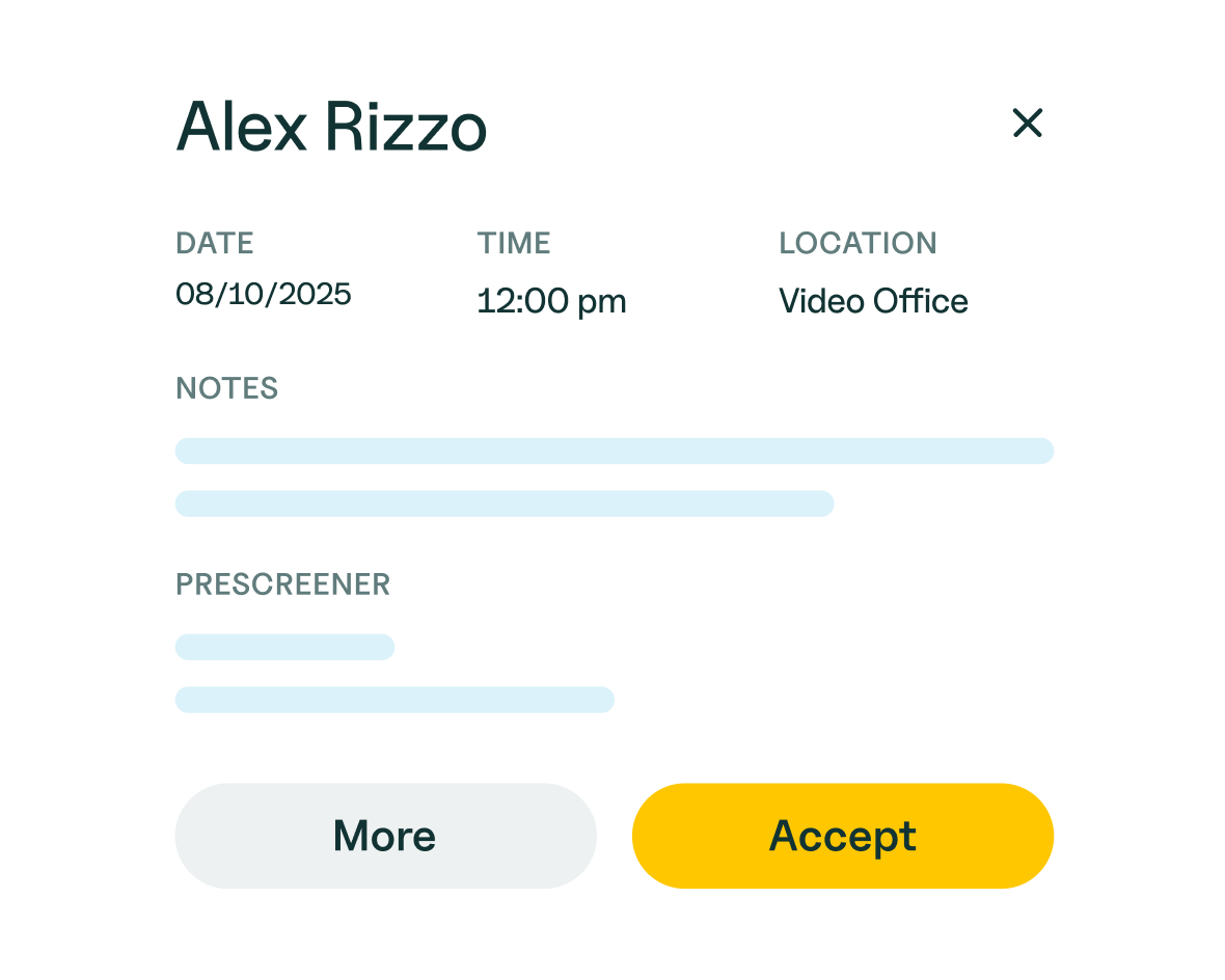 Web modal with client appointment request and details