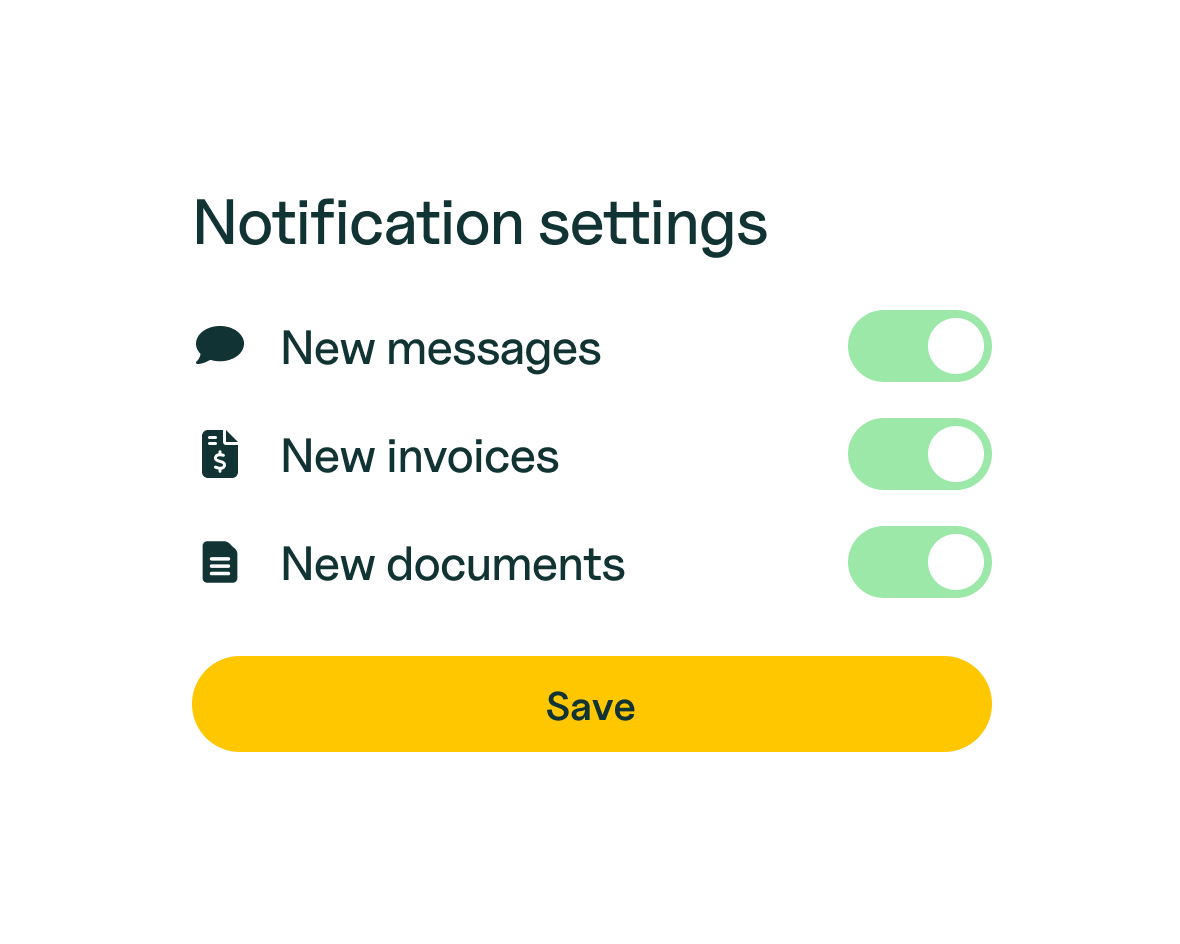 Notification settings options for new messages, invoices, and documents